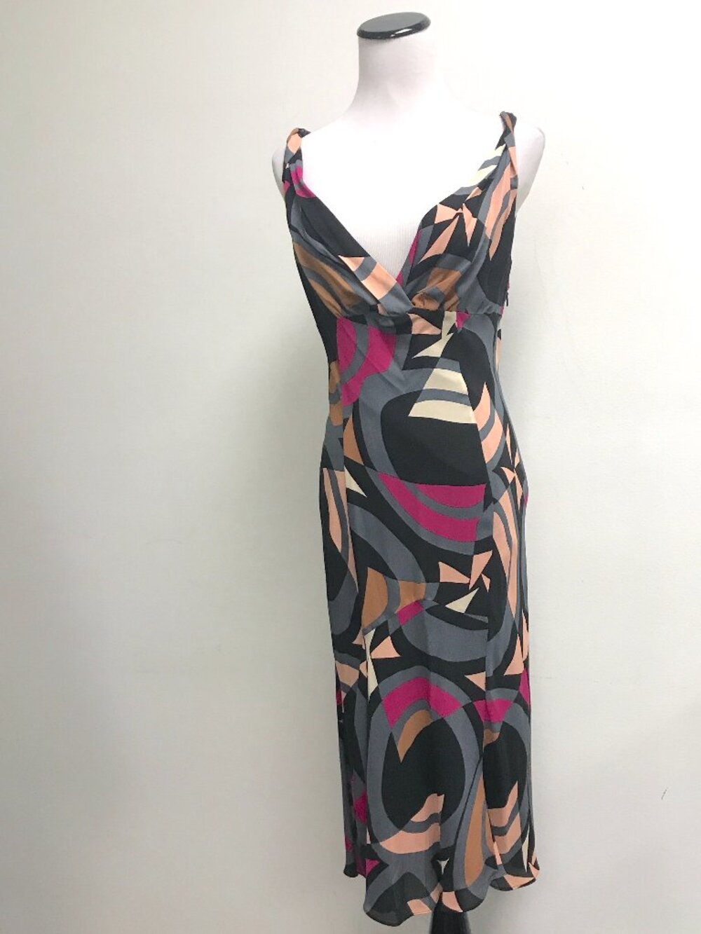 Diane Von Furstenberg black pink gray silk geometric print bias cut midi dress 8